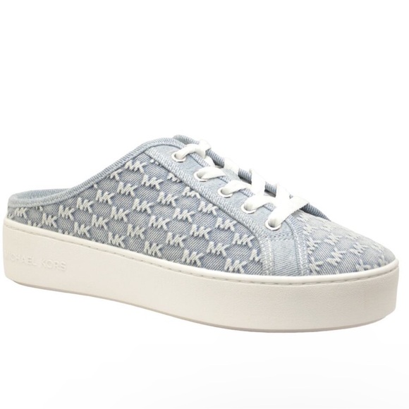 Michael Kors Poppy Slip-On Slide Sneaker MK Debossed Washed Denim Blue Nib 175 - Picture 2 of 6